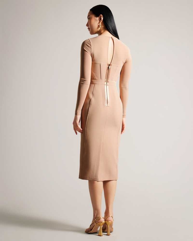 Nude Ted Baker Ivylou Bodycon Midi Dresses With Sheer Sleeves | US0000058