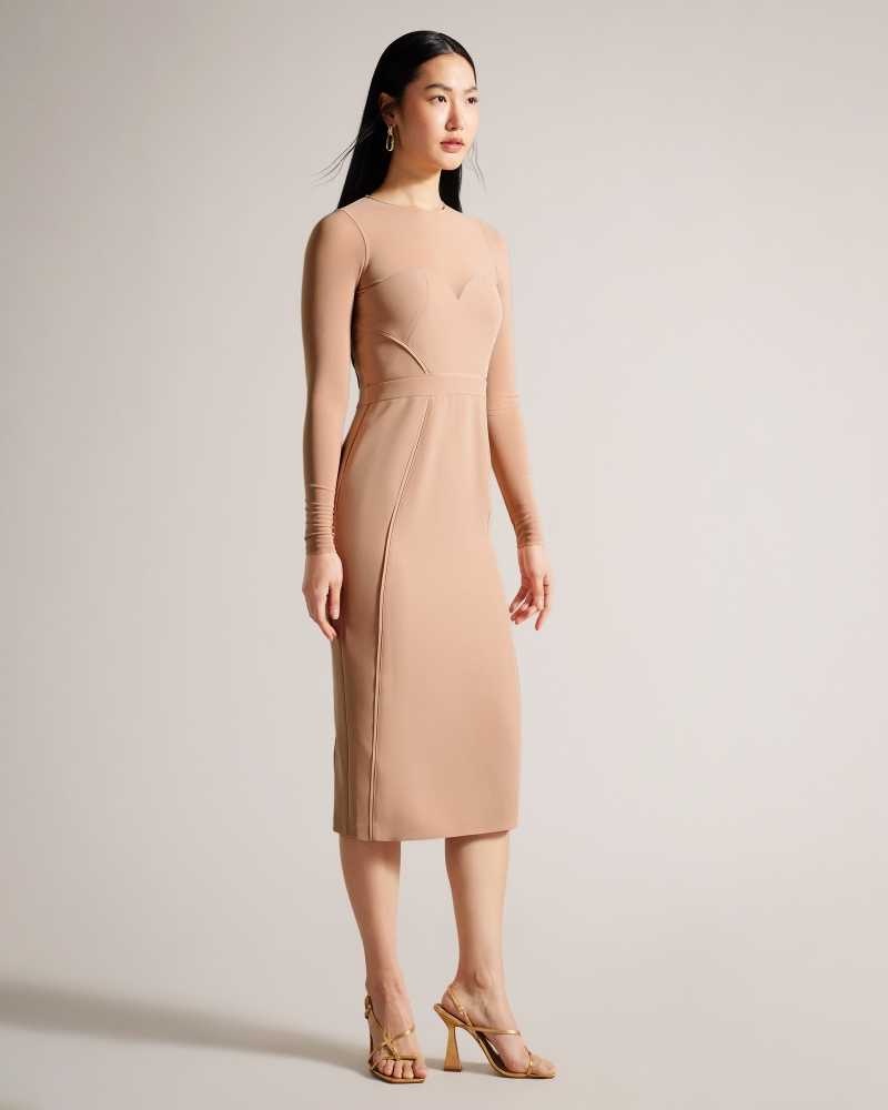 Nude Ted Baker Ivylou Bodycon Midi Dresses With Sheer Sleeves | US0000058