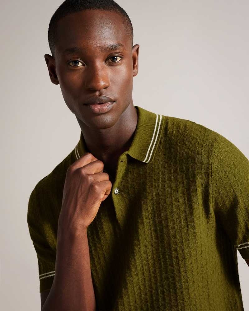 Olive Ted Baker Maytain Short Sleeve Textured Polo Shirt | US0000507