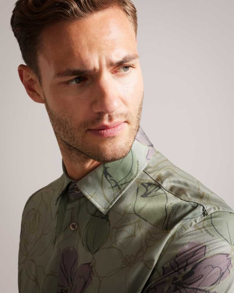 Pale Green Ted Baker Bobbio Long Sleeve Sketchy Floral Print Shirt | US0000606