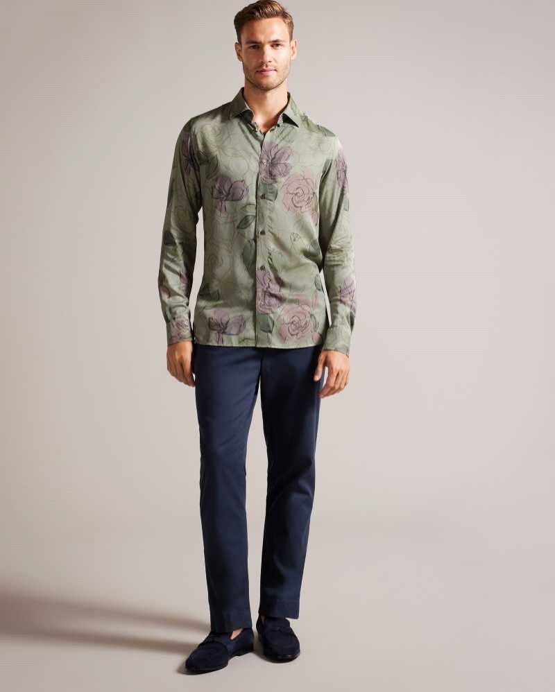 Pale Green Ted Baker Bobbio Long Sleeve Sketchy Floral Print Shirt | US0000606