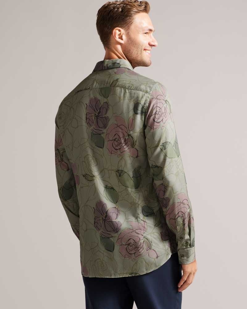 Pale Green Ted Baker Bobbio Long Sleeve Sketchy Floral Print Shirt | US0000606