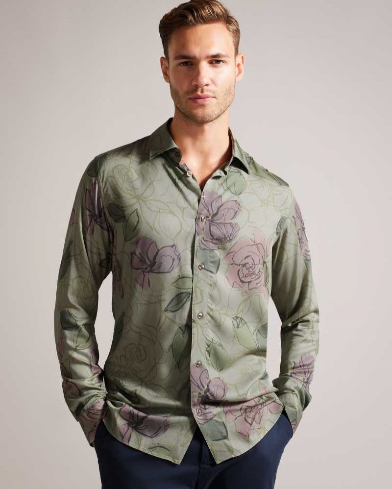 Pale Green Ted Baker Bobbio Long Sleeve Sketchy Floral Print Shirt | US0000606