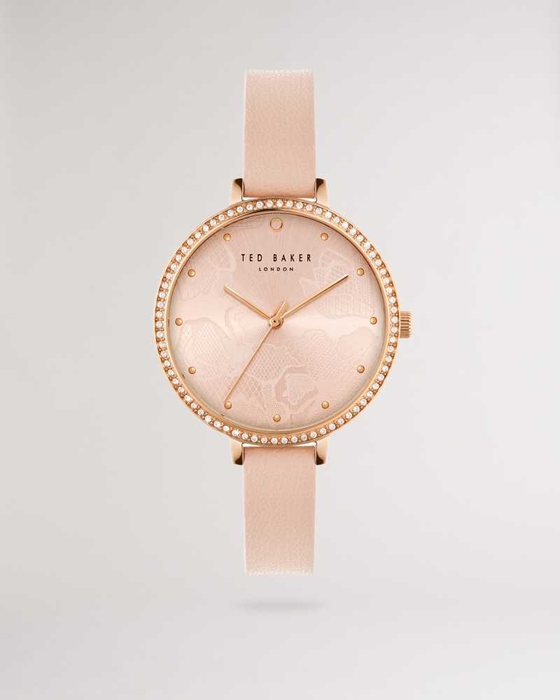 Pink Ted Baker Chessin Crystal Embellished Watch With Vegan Leather Strap | US0002061