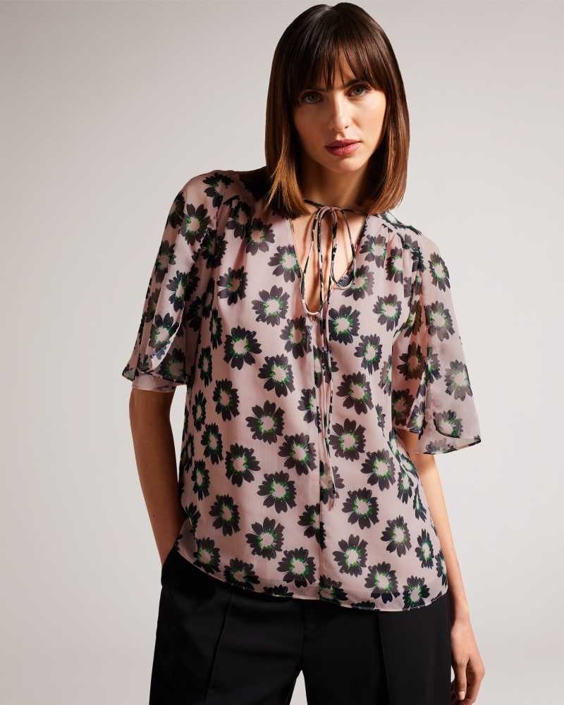 Pink Ted Baker Harlynn Split Sleeve Top With Neck Tie | US0001010