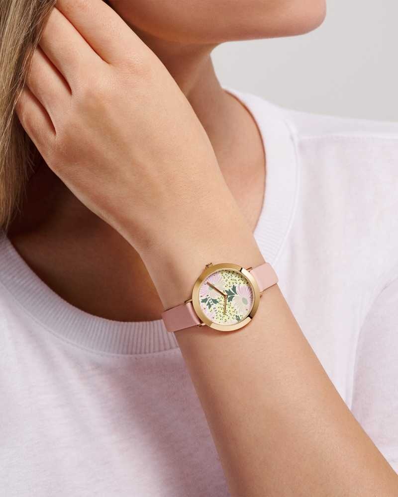 Pink Ted Baker Lesedi Daisy Print Dial Leather Strap Watch | US0002057