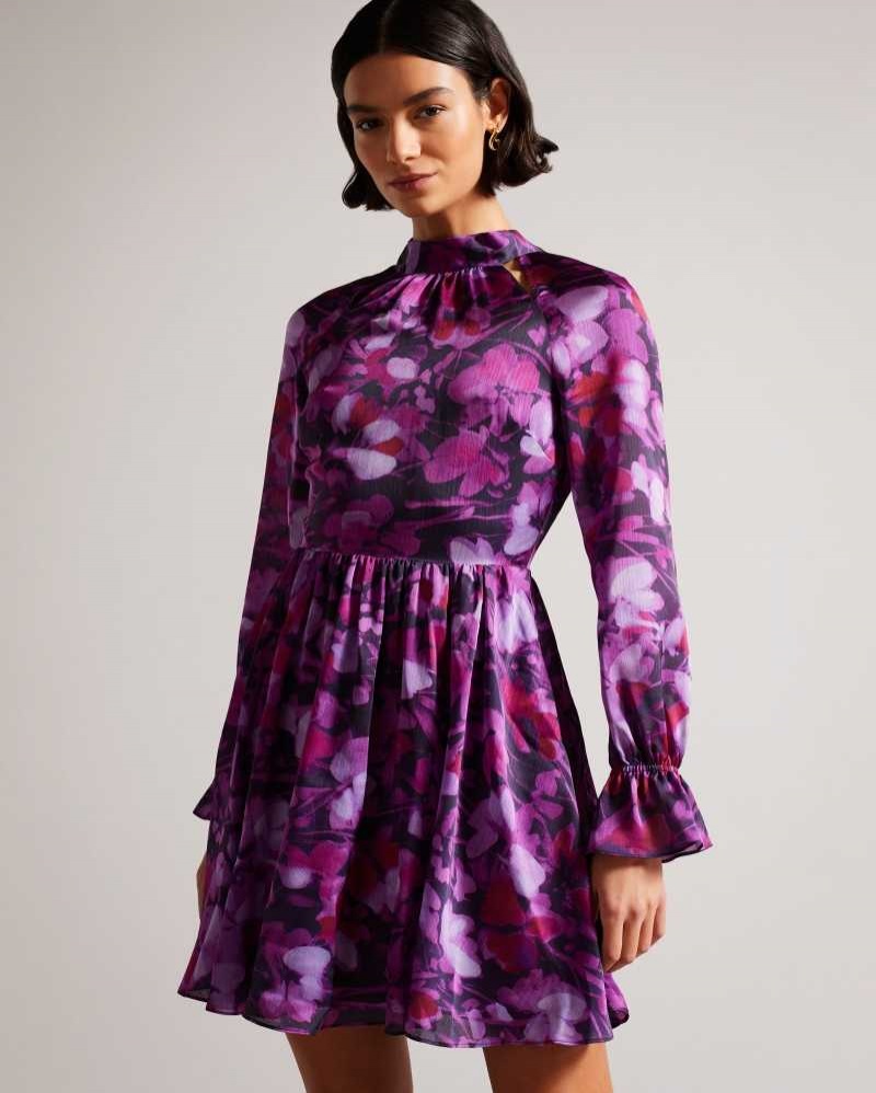 Purple Ted Baker Sammieh High Neck Fit And Flare Mini Dresses | US0000040