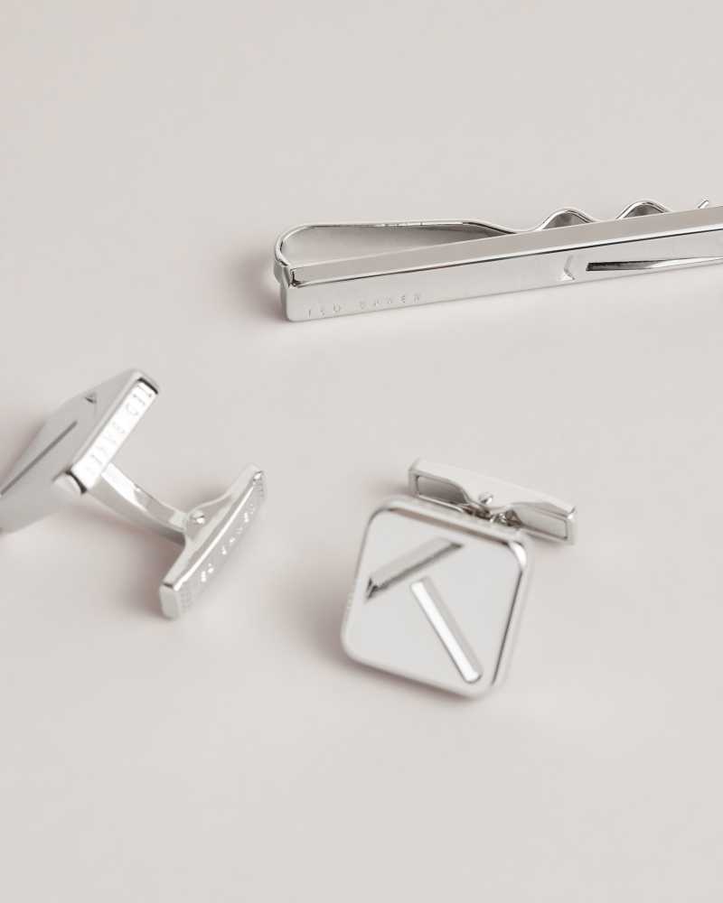 Silver Colour Ted Baker Klassik Metal Cufflink And Tie Pin Set | US0001671