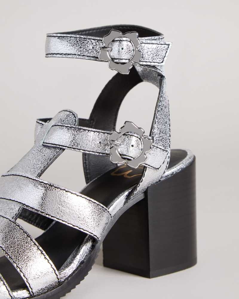 Silver Ted Baker Taylay Strappy Block Heeled Crinkled Leather Sandals | US0002150