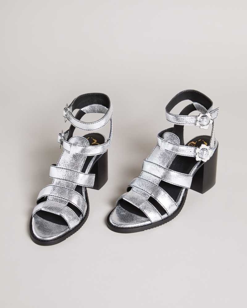 Silver Ted Baker Taylay Strappy Block Heeled Crinkled Leather Sandals | US0002150