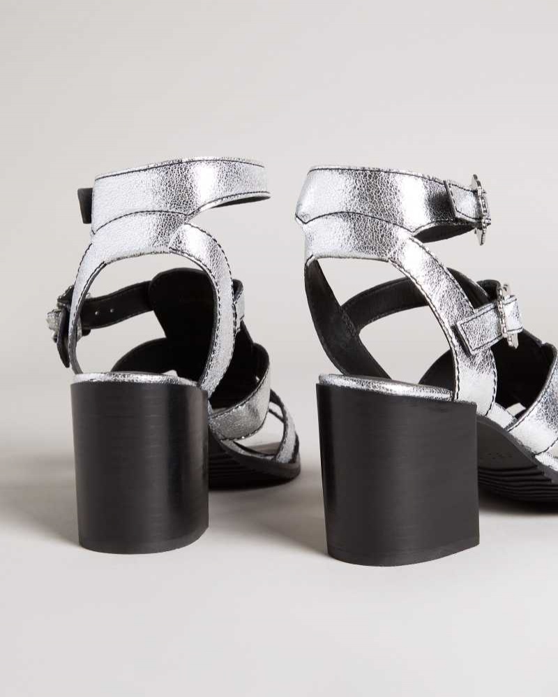 Silver Ted Baker Taylay Strappy Block Heeled Crinkled Leather Sandals | US0002150