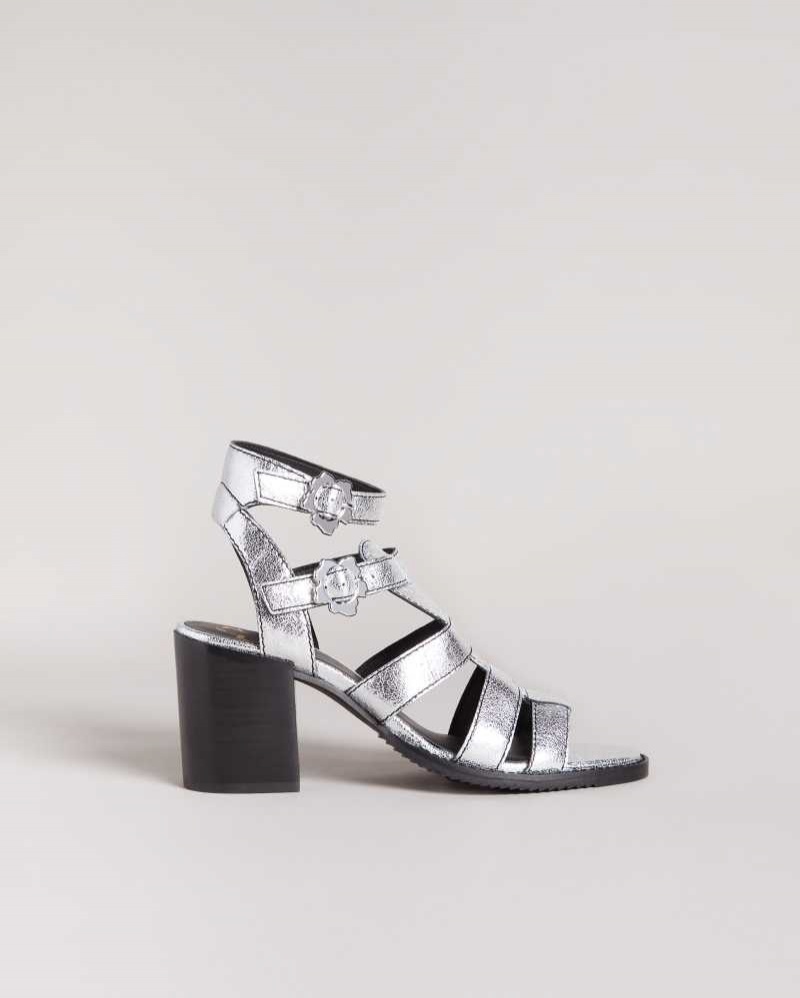 Silver Ted Baker Taylay Strappy Block Heeled Crinkled Leather Sandals | US0002150