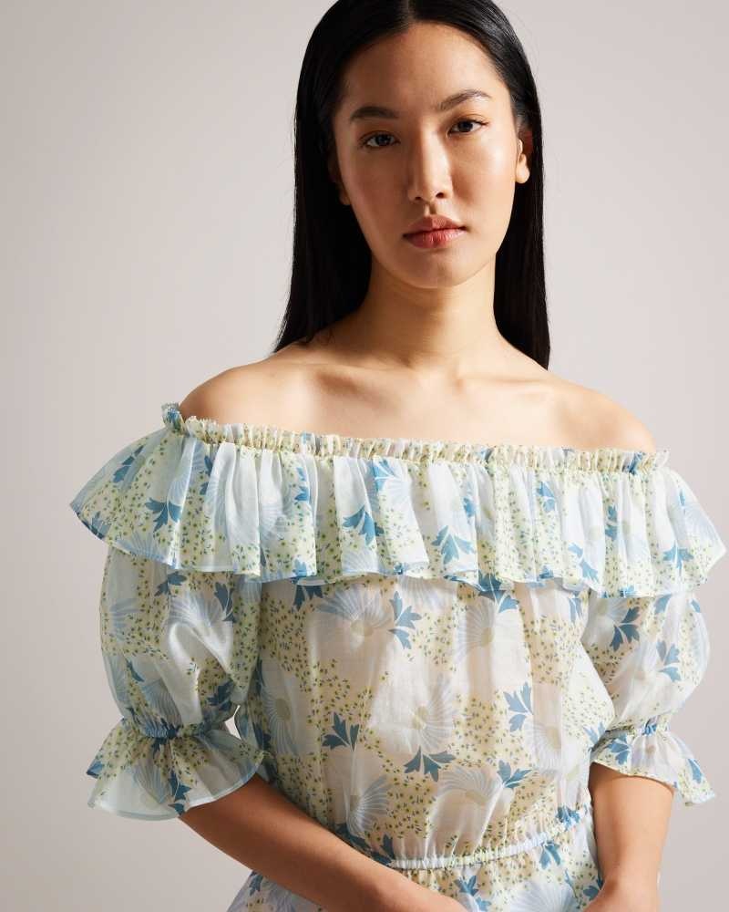 Sky Blue Ted Baker Trisia Off Shoulder Ruffled Daisy Blouse Blouse | US0001079