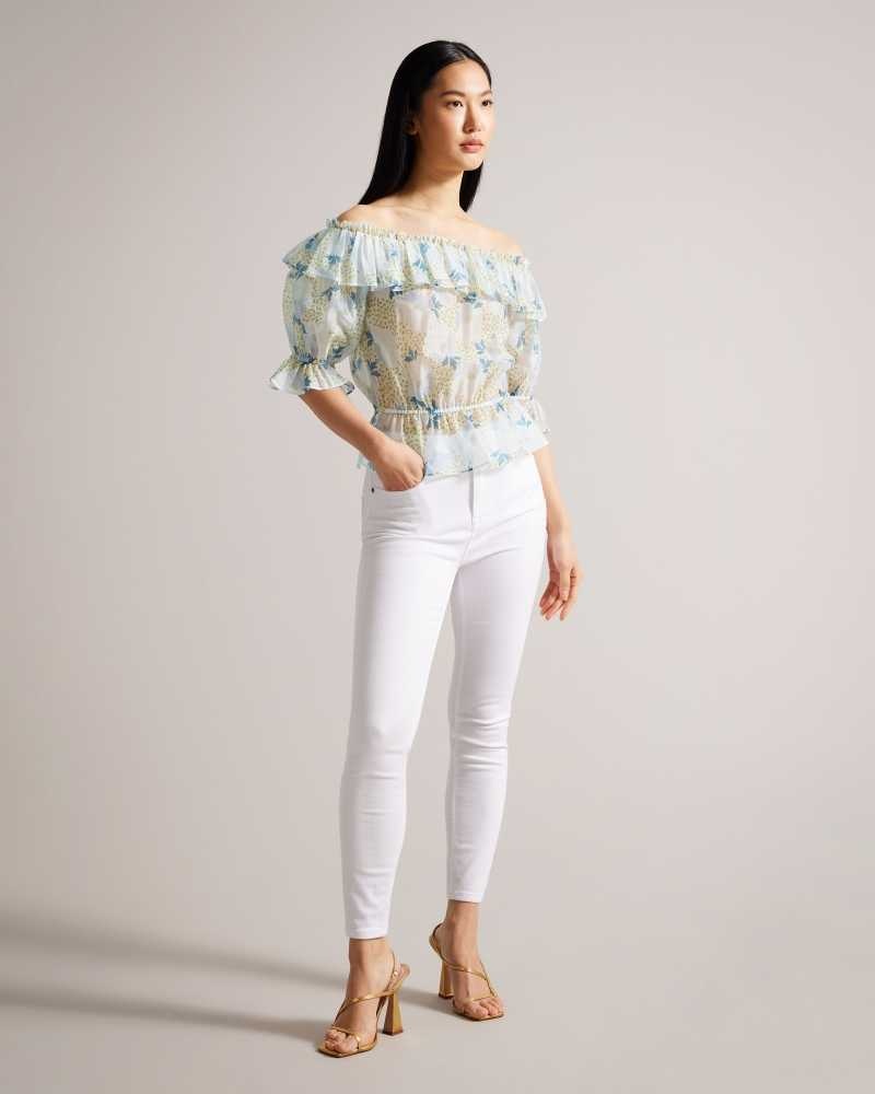 Sky Blue Ted Baker Trisia Off Shoulder Ruffled Daisy Blouse Blouse | US0001079