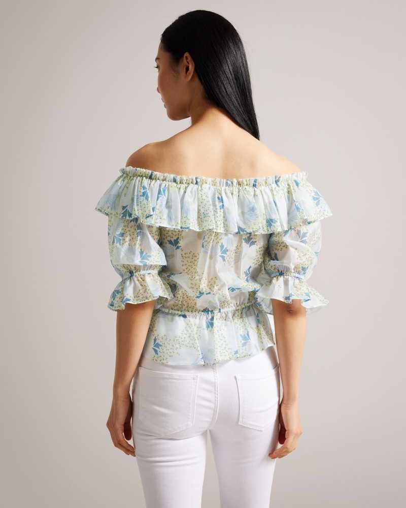 Sky Blue Ted Baker Trisia Off Shoulder Ruffled Daisy Blouse Blouse | US0001079