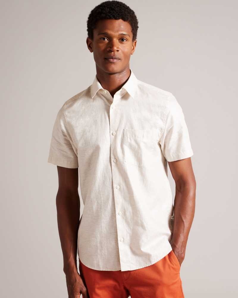 Stone Ted Baker Kingfrd Short Sleeve Linen Shirt | US0000588