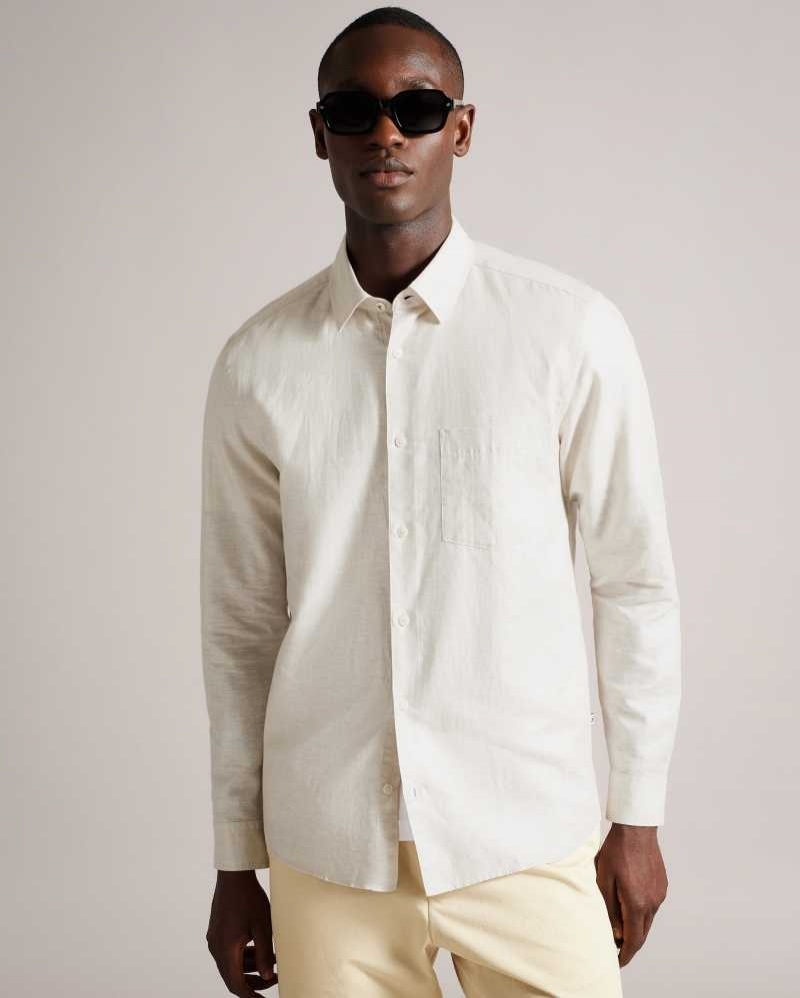 Stone Ted Baker Kingwel Long Sleeve Linen Blend Shirt | US0000623