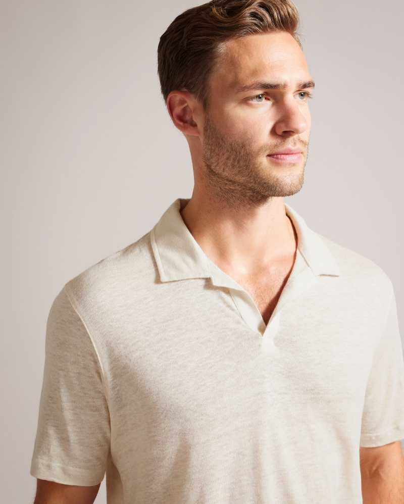 Stone Ted Baker Lingpo Short Sleeve Linen Open Neck Polo Shirt | US0000517