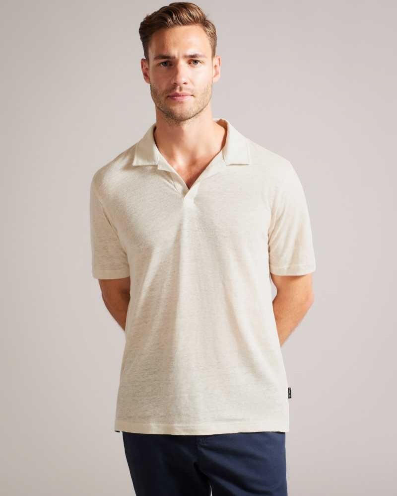 Stone Ted Baker Lingpo Short Sleeve Linen Open Neck Polo Shirt | US0000517