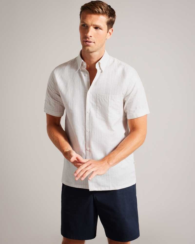 Stone Ted Baker Lytham Short Sleeve Striped Linen Shirt | US0000605