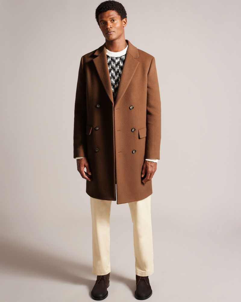 Tan Ted Baker Edouard Wool Blend Double Breasted City Coat Coats | US0000217