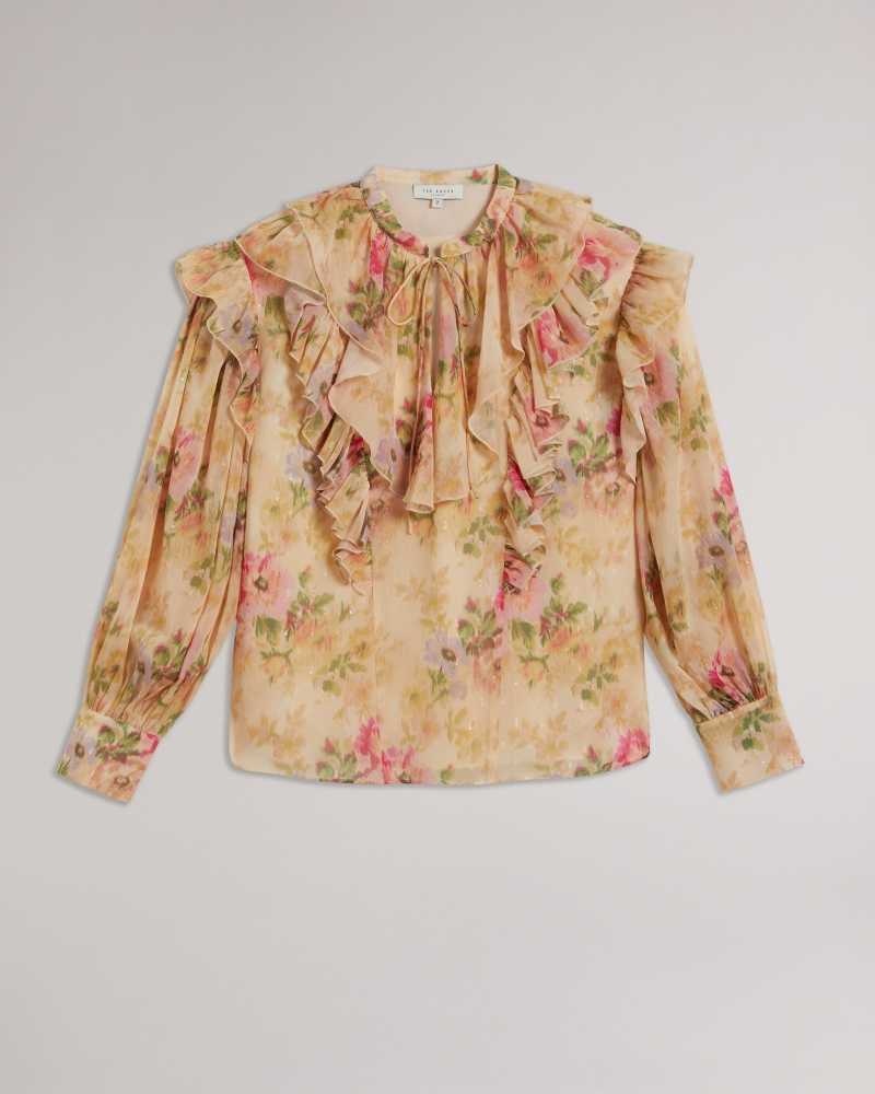 Tan Ted Baker Helenoh Floral Ruffle Detail Blouse Blouse | US0001075