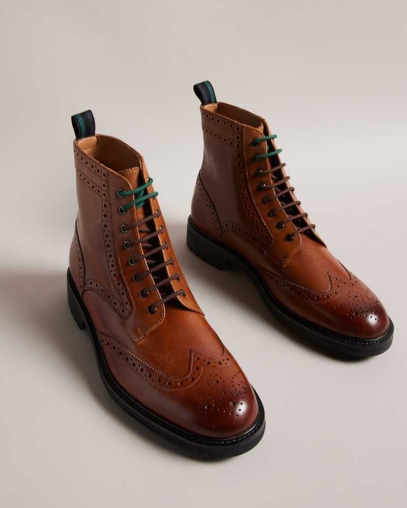 Tan Ted Baker Jakobe Brogue Detail Leather Lace Up Boots | US0002068