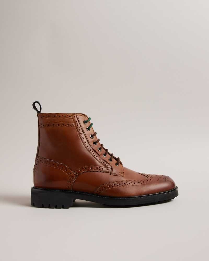 Tan Ted Baker Jakobe Brogue Detail Leather Lace Up Boots | US0002068