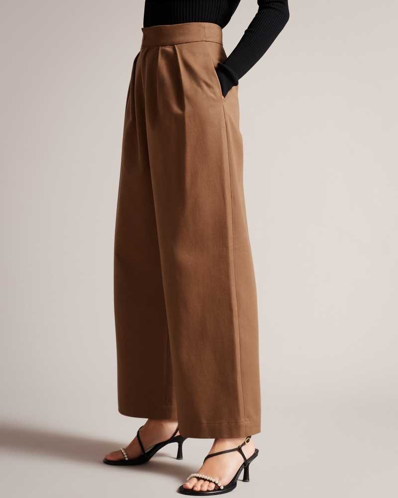 Tan Ted Baker Oaklia Pleated Wide Leg Trousers | US0001107