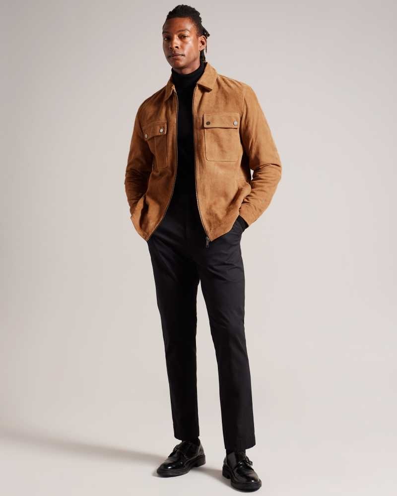 Tan Ted Baker Thierry Suede Zip Through Shacket Jackets | US0000257