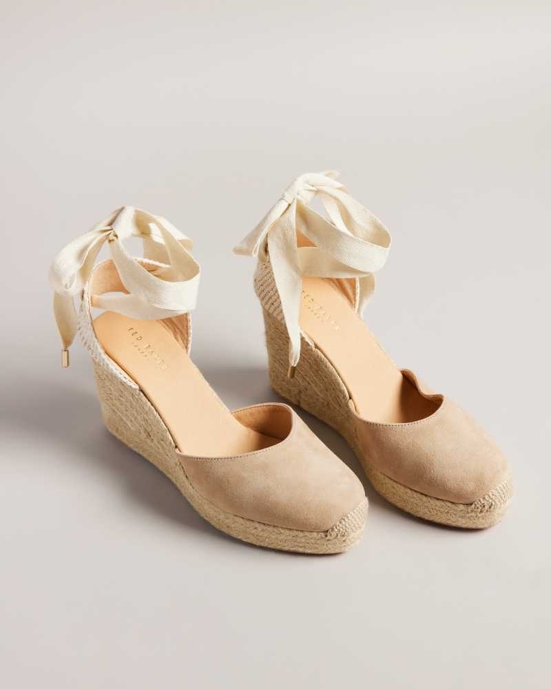 Taupe Ted Baker Puritas Suede Ribbon Tie Espadrille Wedges | US0002206