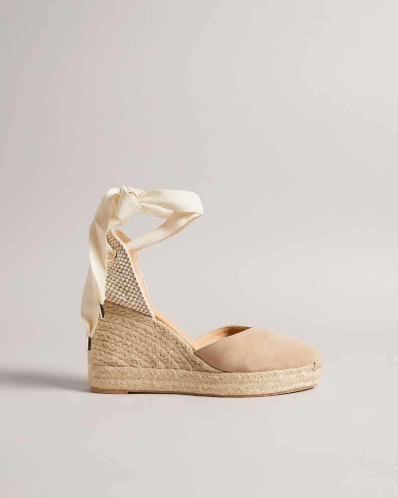 Taupe Ted Baker Puritas Suede Ribbon Tie Espadrille Wedges | US0002206