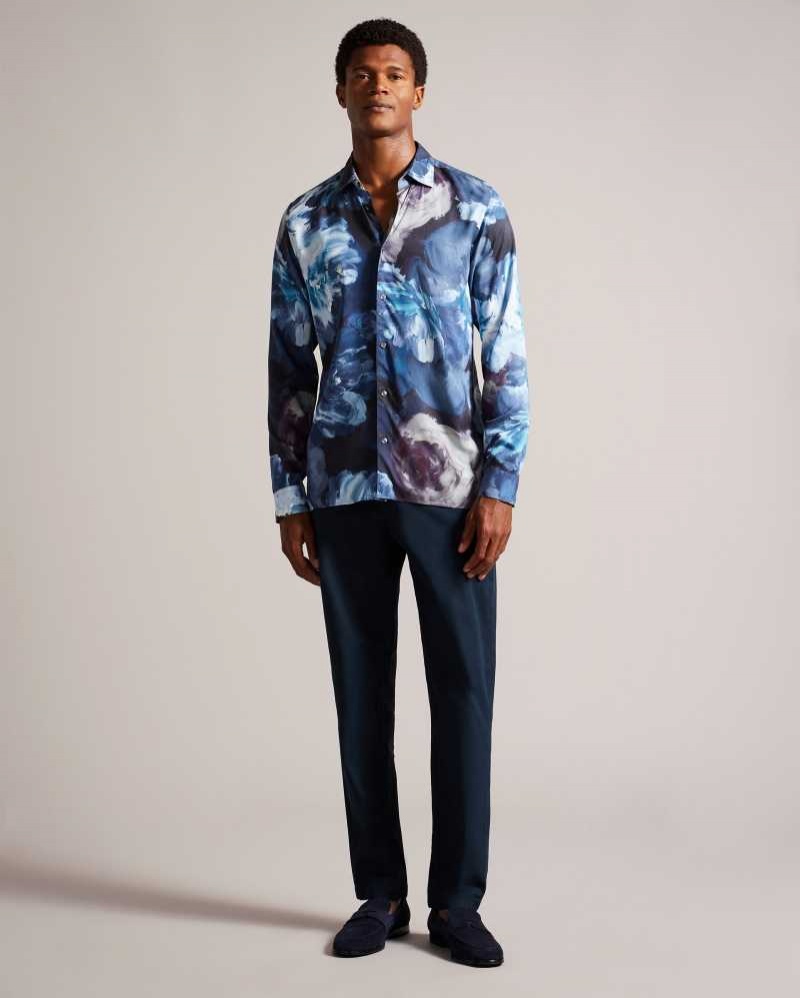 Teal Blue Ted Baker Bitonto Long Sleeve Floral Shirt | US0000576