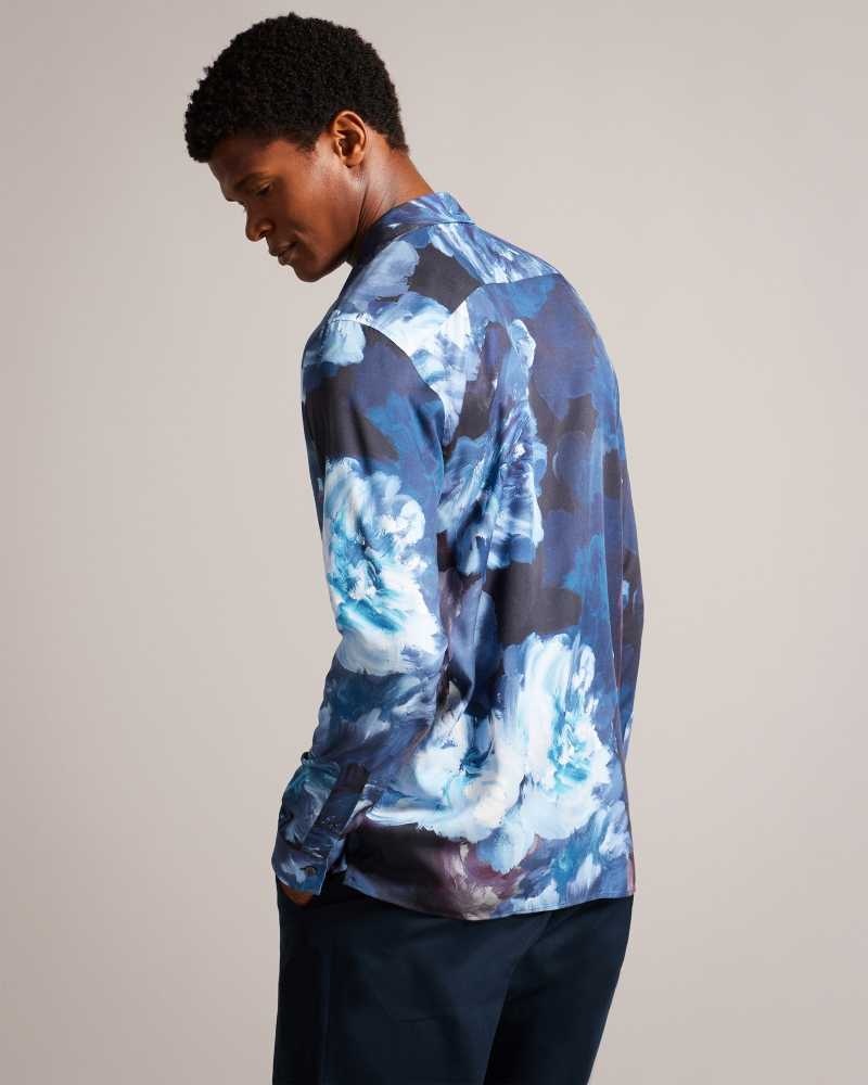 Teal Blue Ted Baker Bitonto Long Sleeve Floral Shirt | US0000576