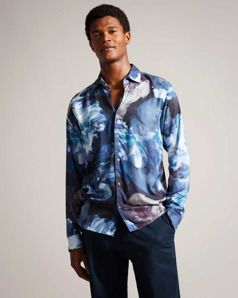 Teal Blue Ted Baker Bitonto Long Sleeve Floral Shirt | US0000576