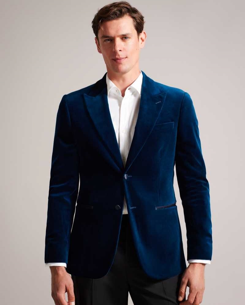 Teal Blue Ted Baker Edwardj Peaked Lapel Velvet Blazer | US0000176