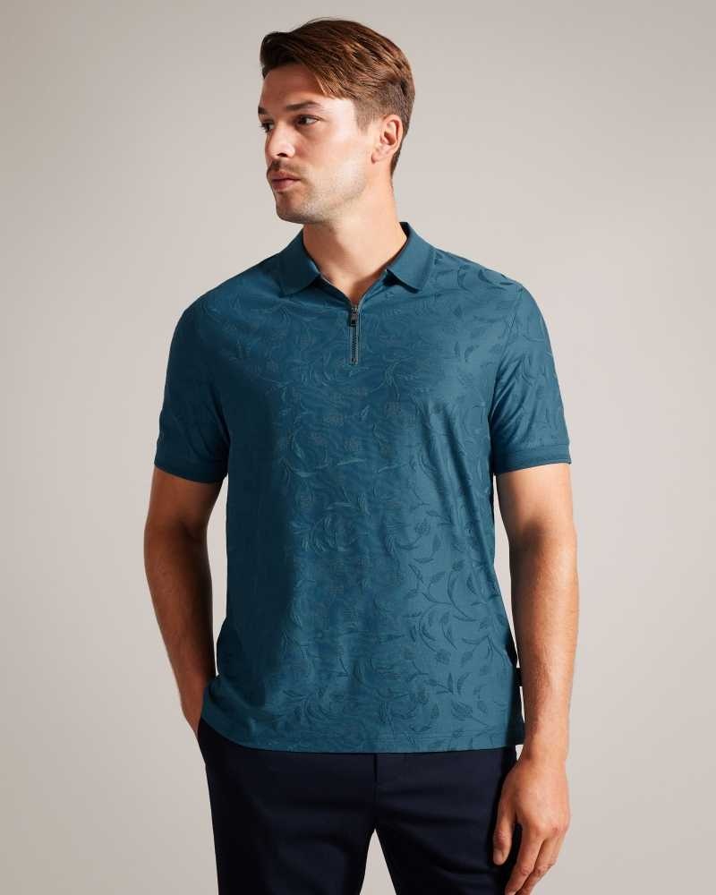 Teal Blue Ted Baker Polenn Tulip Textured Zip Polo Shirt | US0000533