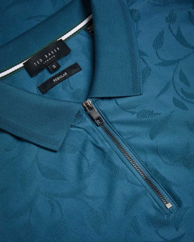 Teal Blue Ted Baker Polenn Tulip Textured Zip Polo Shirt | US0000533