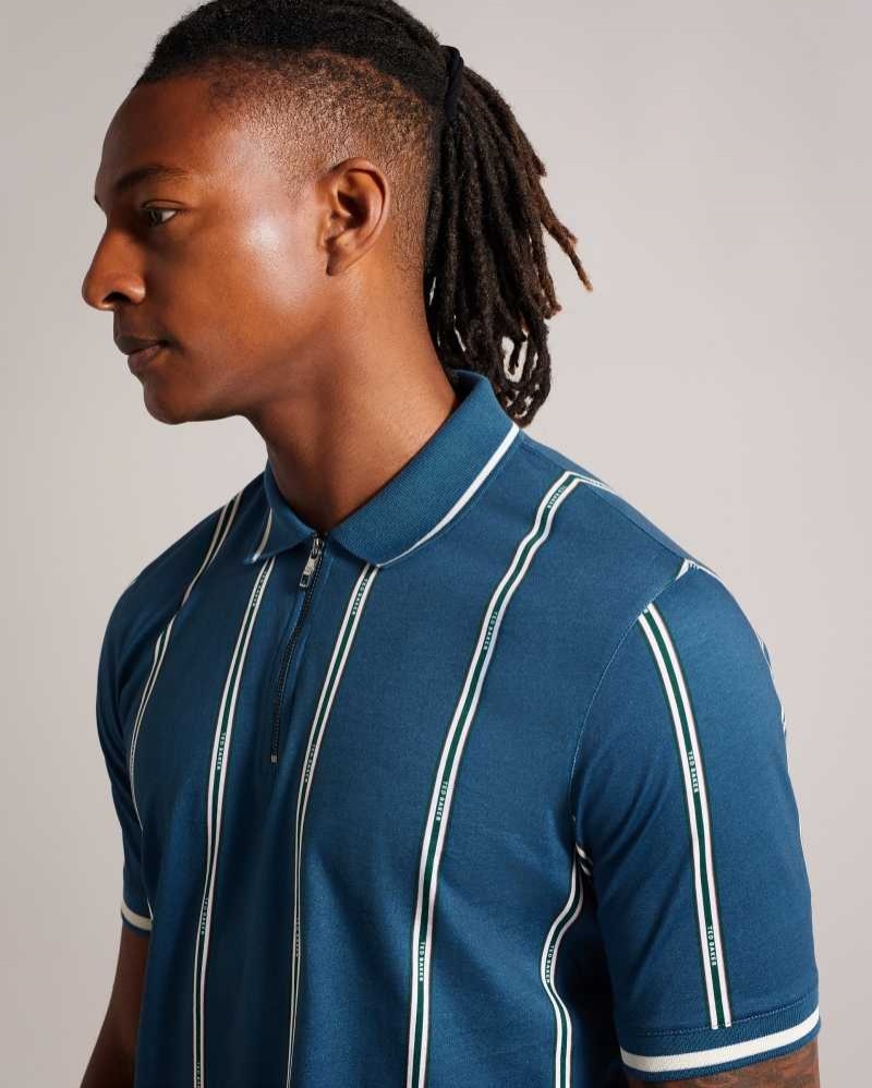 Teal Blue Ted Baker Sisons Short Sleeve Zip Polo With Striped Branding | US0000560