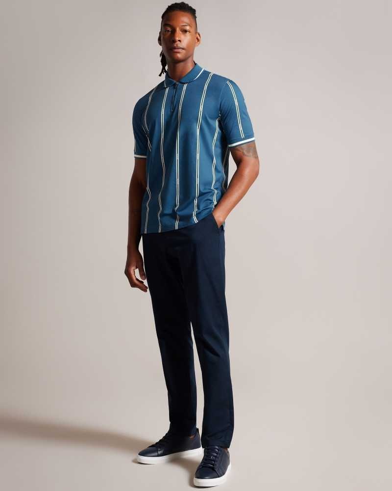 Teal Blue Ted Baker Sisons Short Sleeve Zip Polo With Striped Branding | US0000560