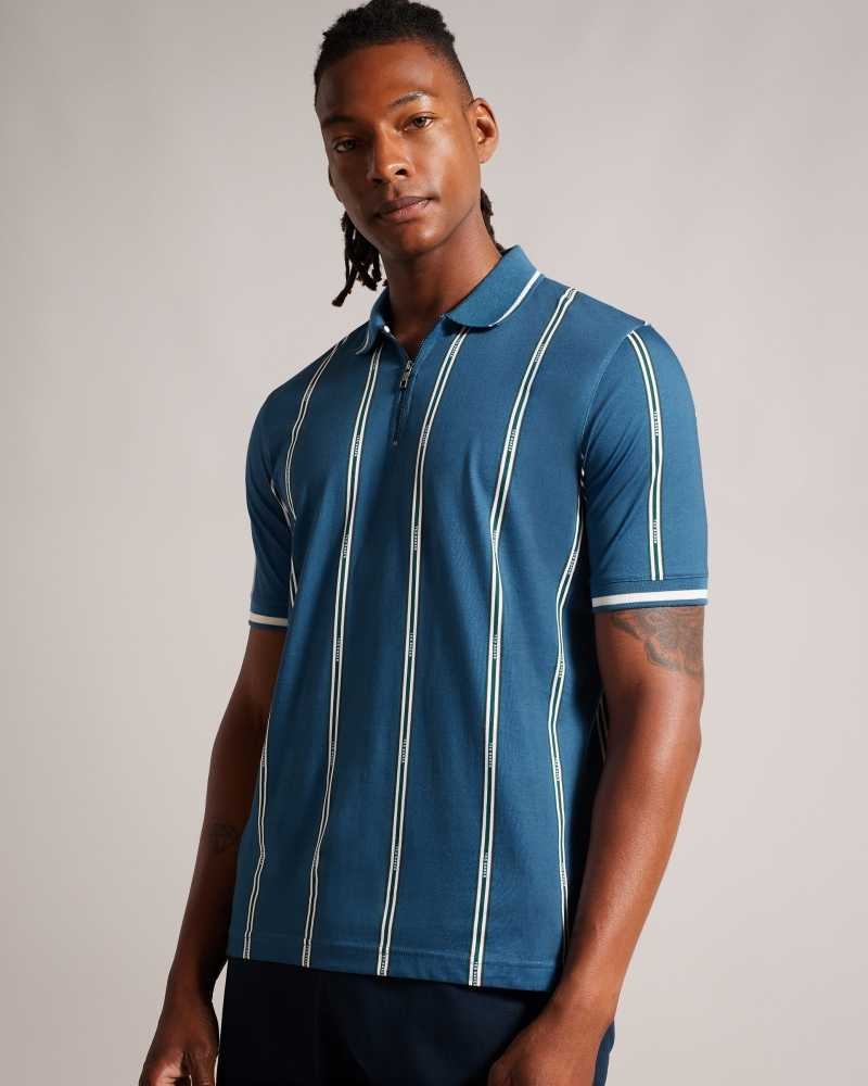 Teal Blue Ted Baker Sisons Short Sleeve Zip Polo With Striped Branding | US0000560