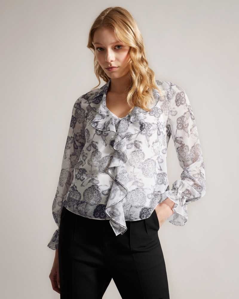 White Ted Baker Anniye Ruffle Blouse With Metal Ball Trim | US0000956