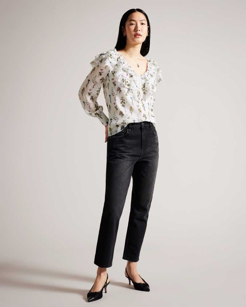 White Ted Baker Avarose Frilled V-Neck Blouse with Long Sleeves Blouse | US0001073