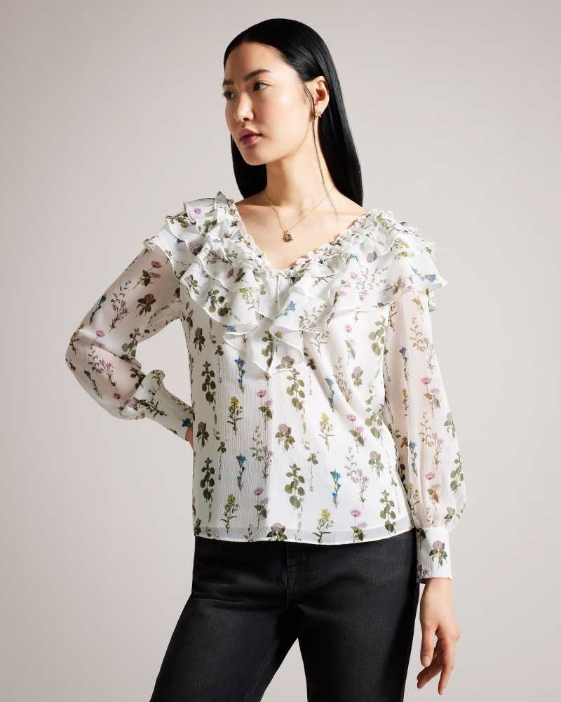 White Ted Baker Avarose Frilled V-Neck Blouse with Long Sleeves Blouse | US0001073