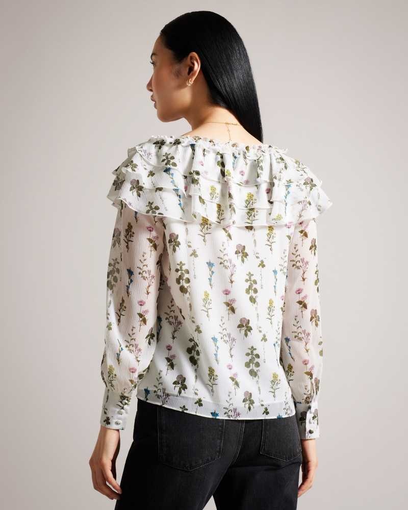 White Ted Baker Avarose Frilled V-Neck Blouse with Long Sleeves Blouse | US0001073