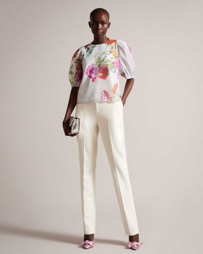 White Ted Baker Ayymee Boxy Cropped Top with Puff Sleeve | US0001003