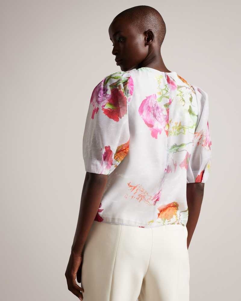 White Ted Baker Ayymee Boxy Cropped Top with Puff Sleeve | US0001003