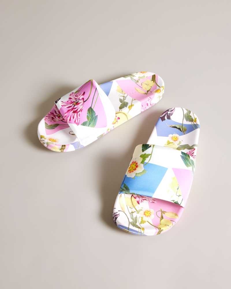 White Ted Baker Azzyla Floral Satin Sliders | US0002159