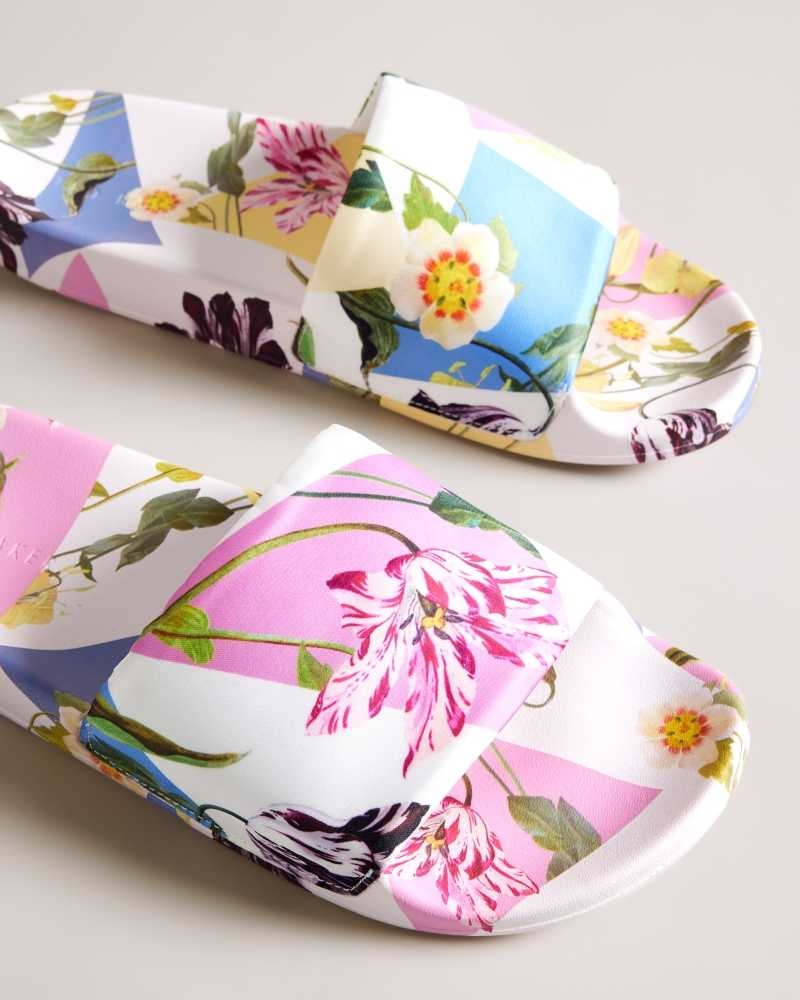 White Ted Baker Azzyla Floral Satin Sliders | US0002159