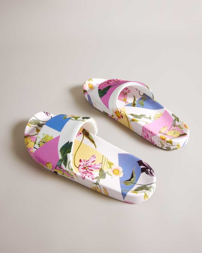 White Ted Baker Azzyla Floral Satin Sliders | US0002159